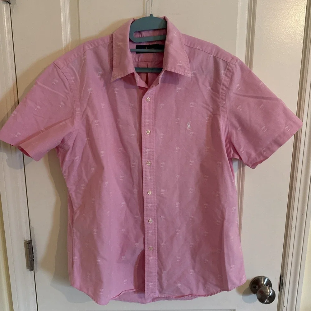Polo Ralph Lauren Shirt Mens Large Pink Button Down Aloha Palm Tree Embroidered